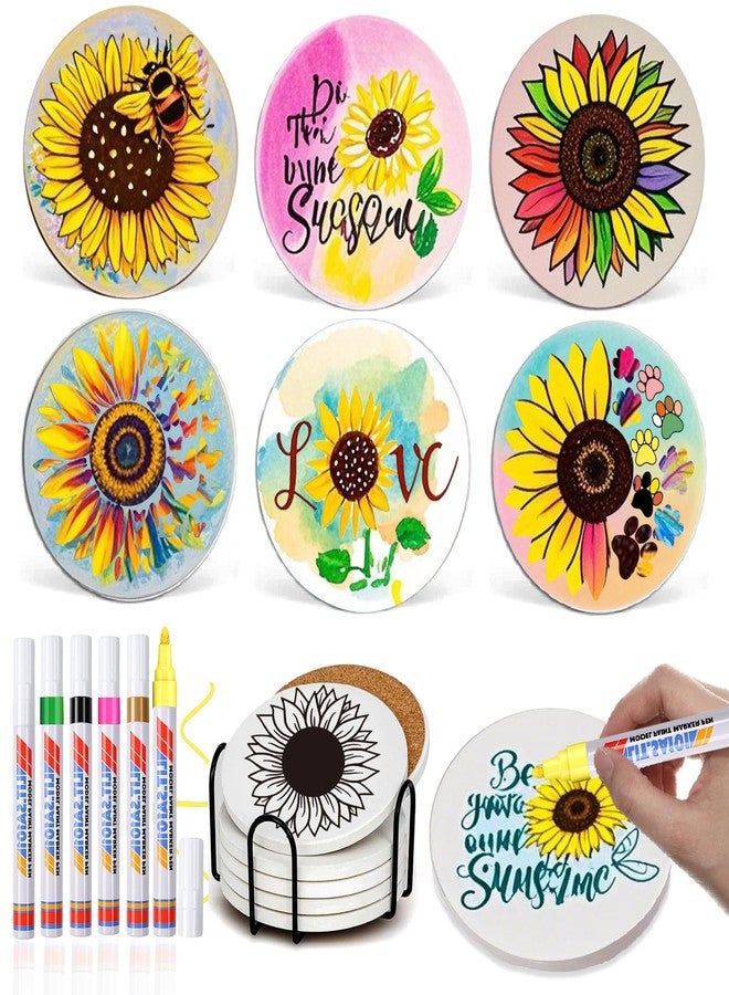 DoYoMo Paint Your Own Sunflower Coaster with Markers,Arts and Crafts for Adul,6 Absorbent Ceramic Tiles with Cork Base,DIY Painting Kit Sunflower Gifts for Women,Crafts for Seniors Adults All Ages Teens - Image 1